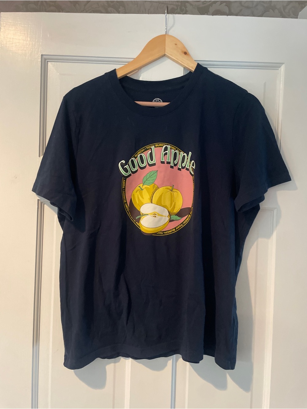 Good Apple Graphic Tee - Navy with Yellow Apple Print Tory Burch XL Shirt Top